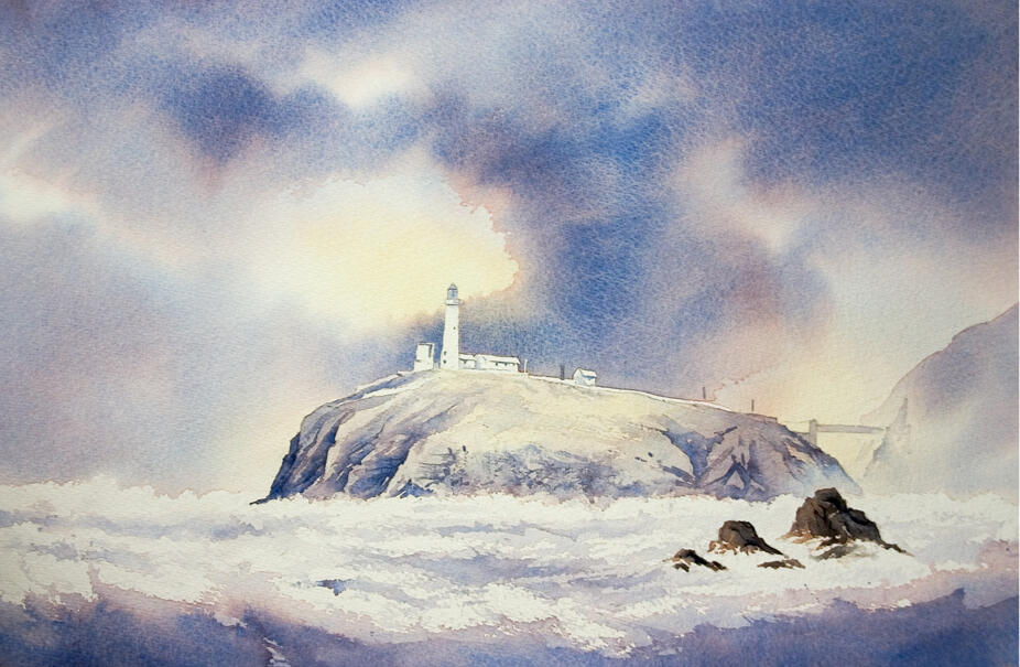 Watercolour painting of South Stack Lighthouse, Anglesey – stormy seas, jagged rocks and isolated coastal drama by artist Chris Hull.