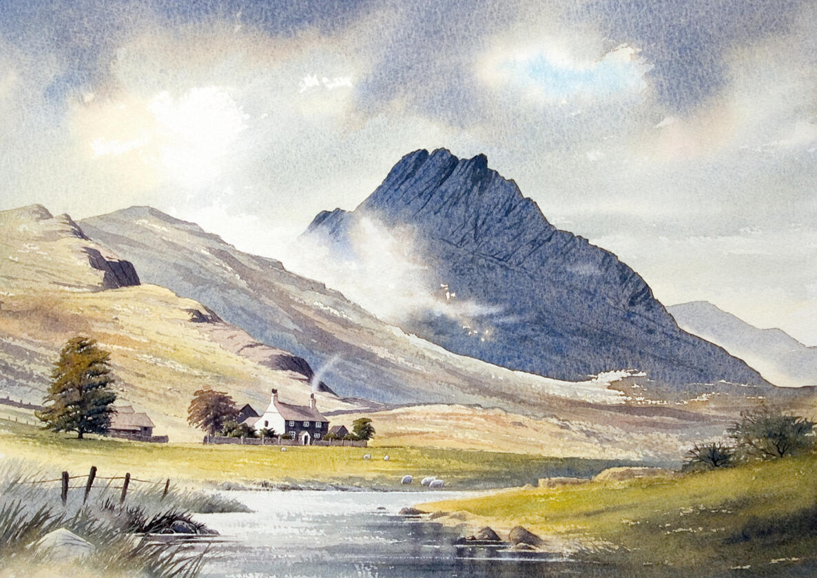 Watercolour painting of Tryfan, Snowdonia – Welsh farmhouse with chimney smoke beneath the mountain's dramatic scale, reflected in a leading river by artist Chris Hull.