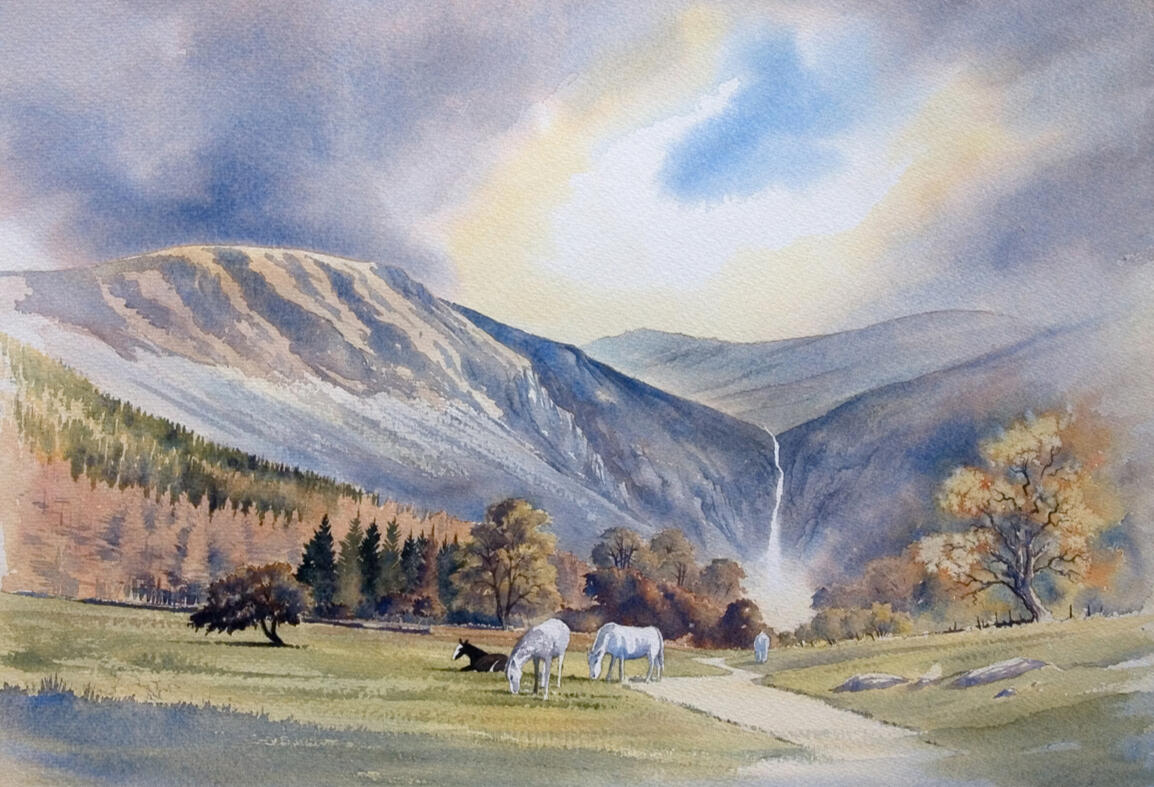 Watercolour of Aber Falls, Wales – autumn pines, grazing horses, and a winding path by artist Chris Hull.