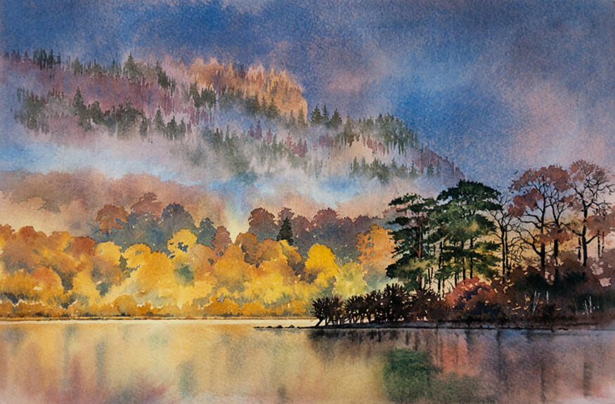 Watercolour painting of Derwentwater, Lake District – golden autumn trees reflecting on the lake by watercolour artist Chris Hull.